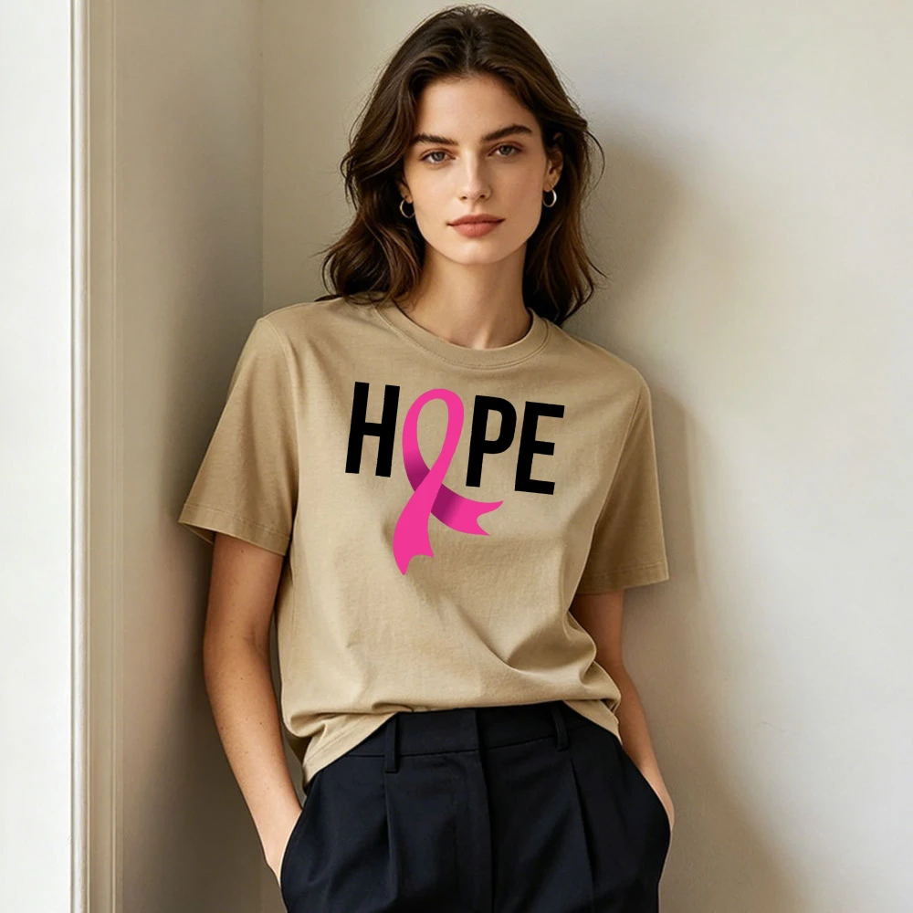 T-shirt d'été pour femme Hope Simple avec motif graphique ruban rose, sensibilisation au cancer du sein, basique et décontracté à manches courtes