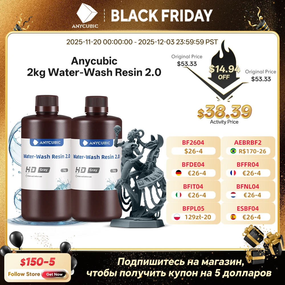ANYCUBIC Water-Wash Resin For LCD 3D Printer High Precision Low Odor Low Viscosity 3D Printing Standard Photopolymer