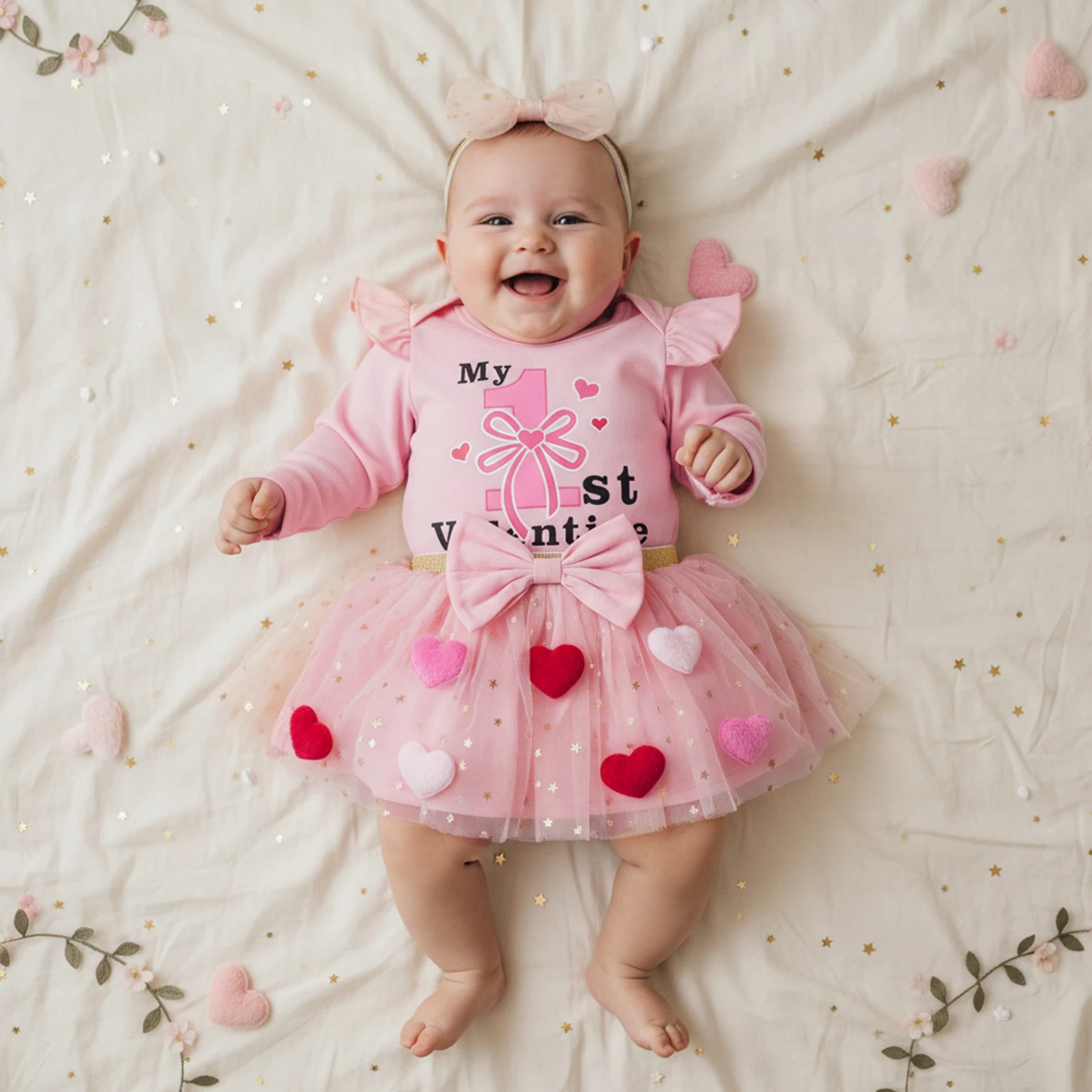 Sweety Baby Girl First Valentines Day Outfit Long Sleeve Letter Romper Tulle Skirt Bow Headband 3 Pcs Set
