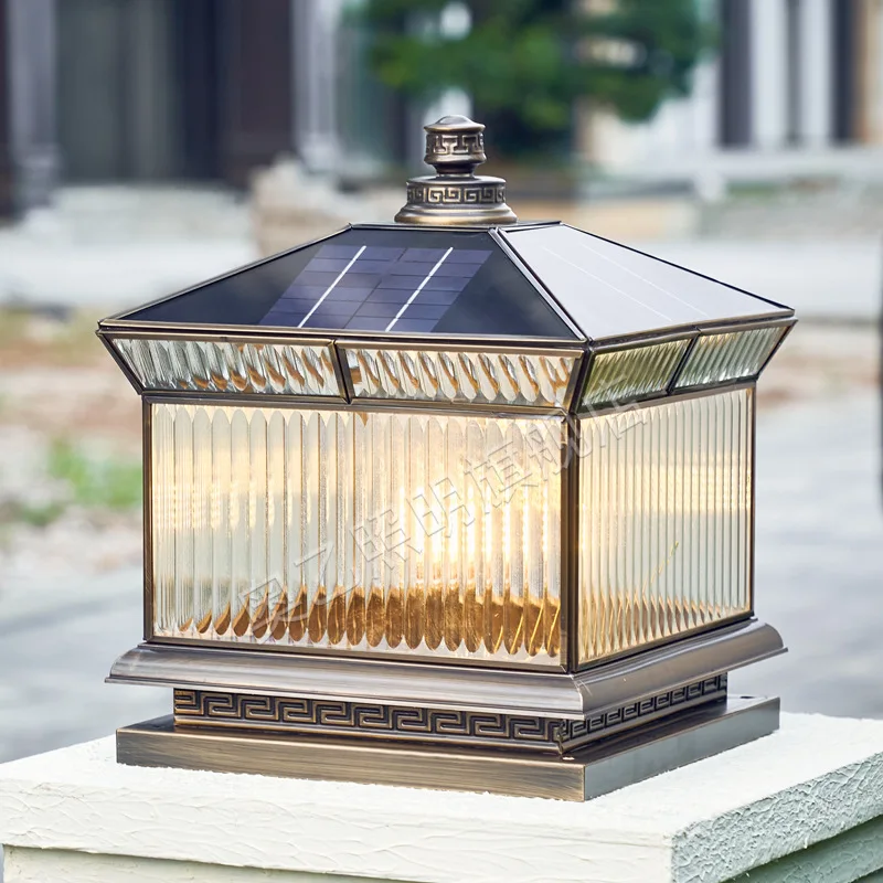 Solar stigma All-copper new Chinese-style villa door power connection dual-purpose outdoor courtyard fence waterproof pilla