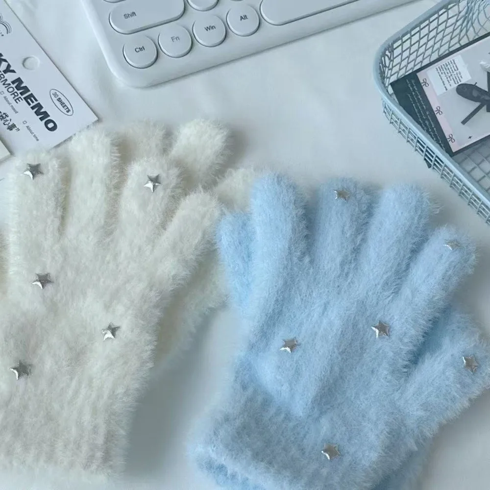 Cute Lovely Star Furry Gloves Thickened Winter Gloves Warm Cold-proof Gloves Women Girls