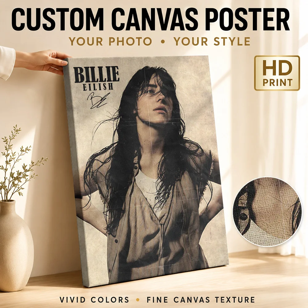 Billie Eilish Portrait with Signature Framed Canvas Print Poster Personalized Retro Music Wall Art for Bar Decor Ready to Hang