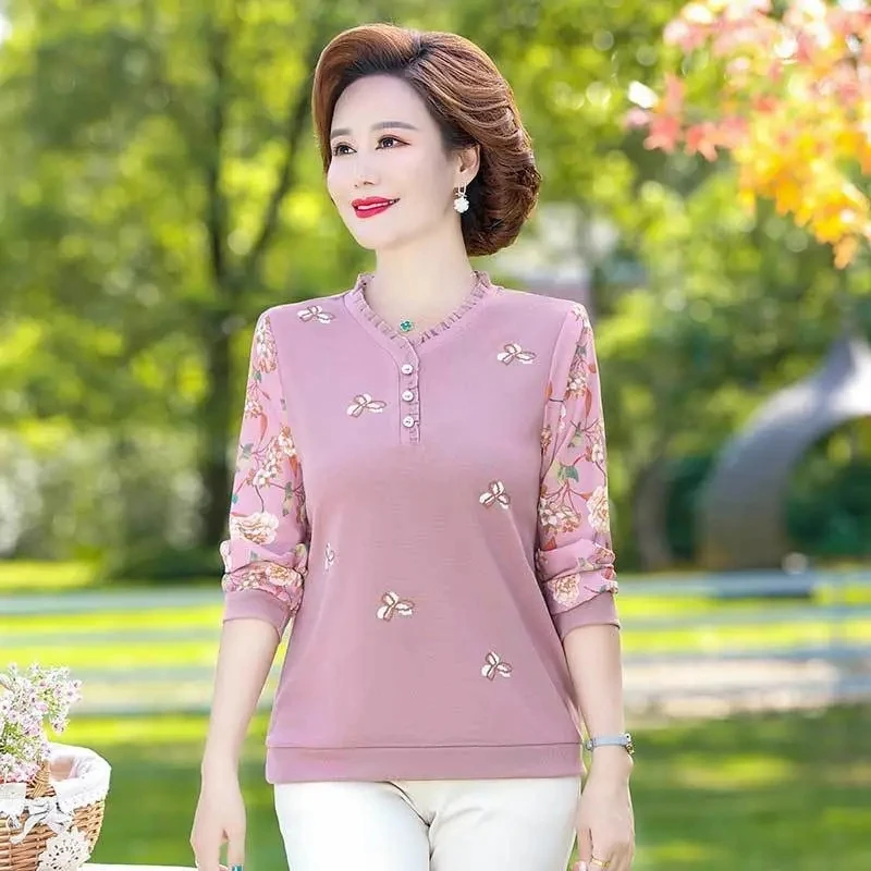 2024 Mom's Spring Top Two Piece Set For Middle-aged Elderly People New Fashionable Long Sleeved T-shirt With Base Small Shirt