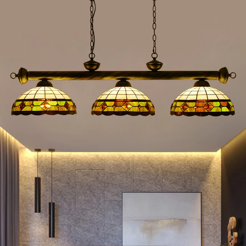 #@Tiffany JGW European Retro Pastoral Style Open Dining Room Stained Glass Longboard Chandelier