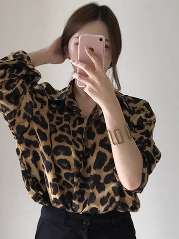 

Retro Leopard Print Turn-down Collar Single-button Loose Casual Long Sve Women's irt Spring Autumn Versatile Top