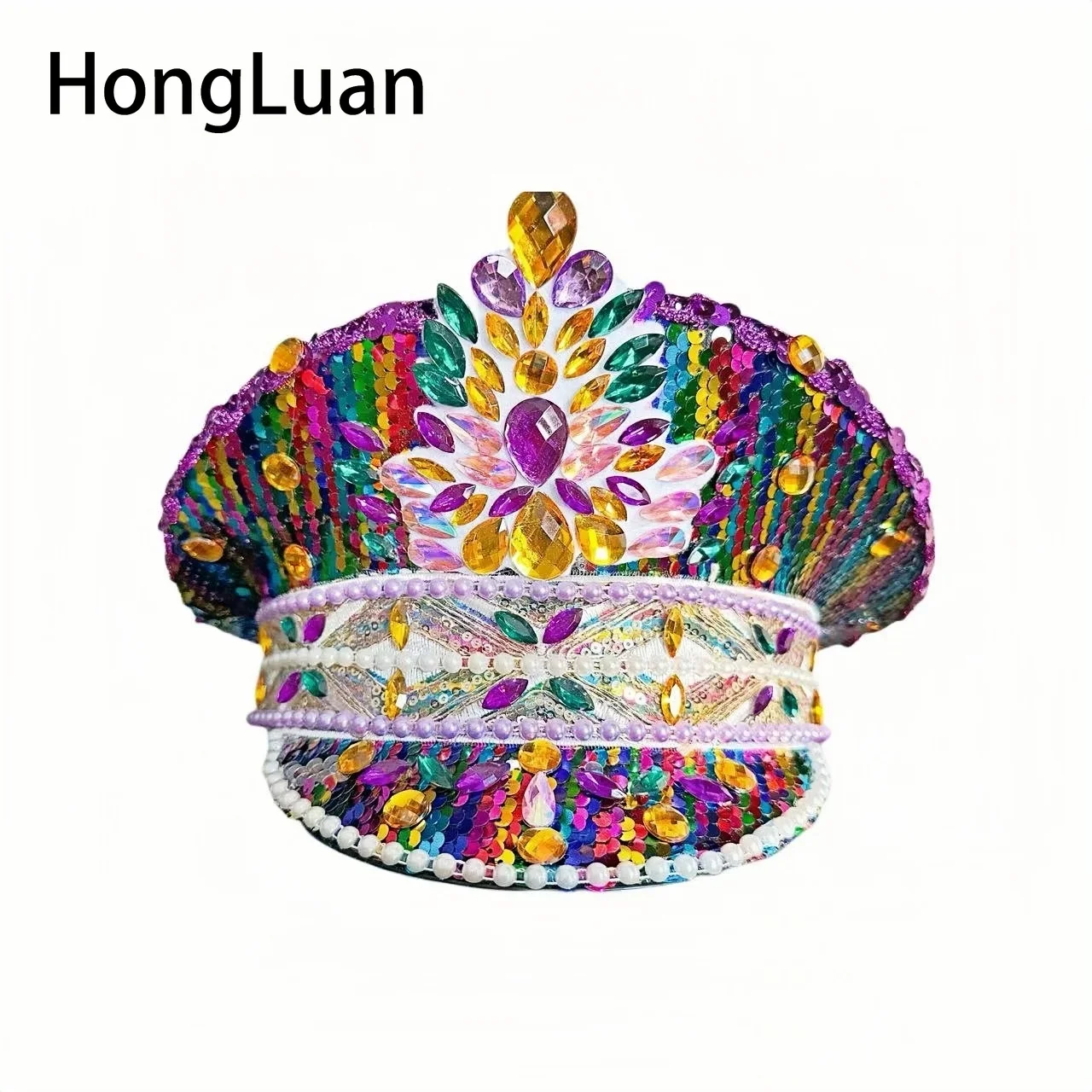 Luxury Colorful Steampunk Captain Hat for Men Military cap Rhinestone Caps Sequins Pearls Caps for Carnival Music Festival