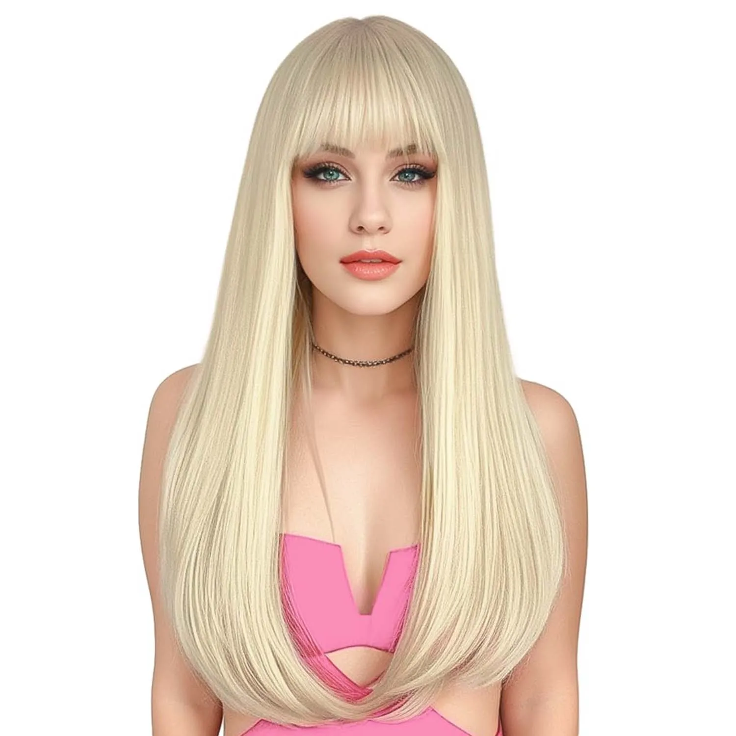 Synthetic Long Straight Wigs with Bangs Heat Resistant Women Wig for Daily Party Christmas Halloween Use 22