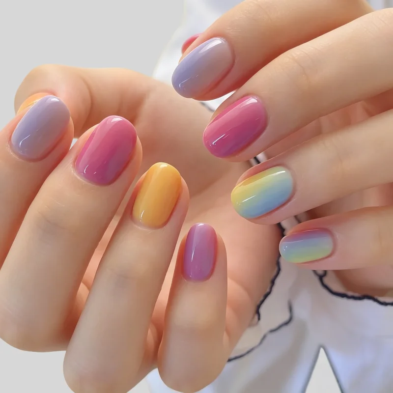 

24Pcs False Nails Short Square European/American Instagram-Style Multi-Color Shimmering Press-On Nails—Perfect for Girls