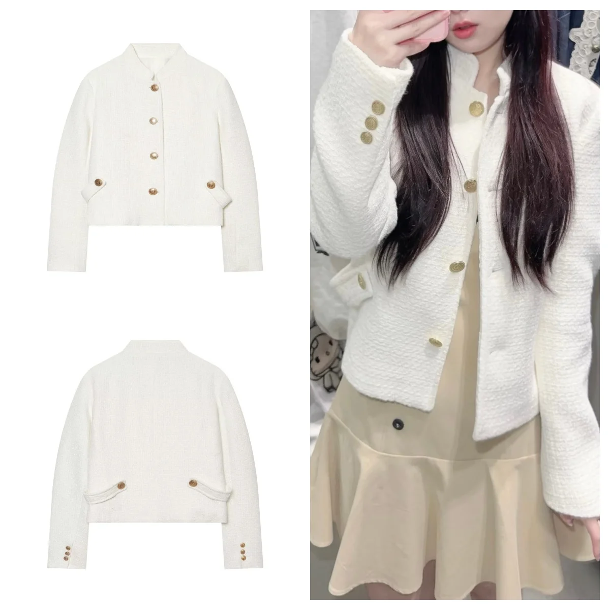 Guobioziy Women's Autumn Jacket Textured Stand Collar Long Sleeve Pocket Single-Breasted Short Jacket Formal Office Women's Coat