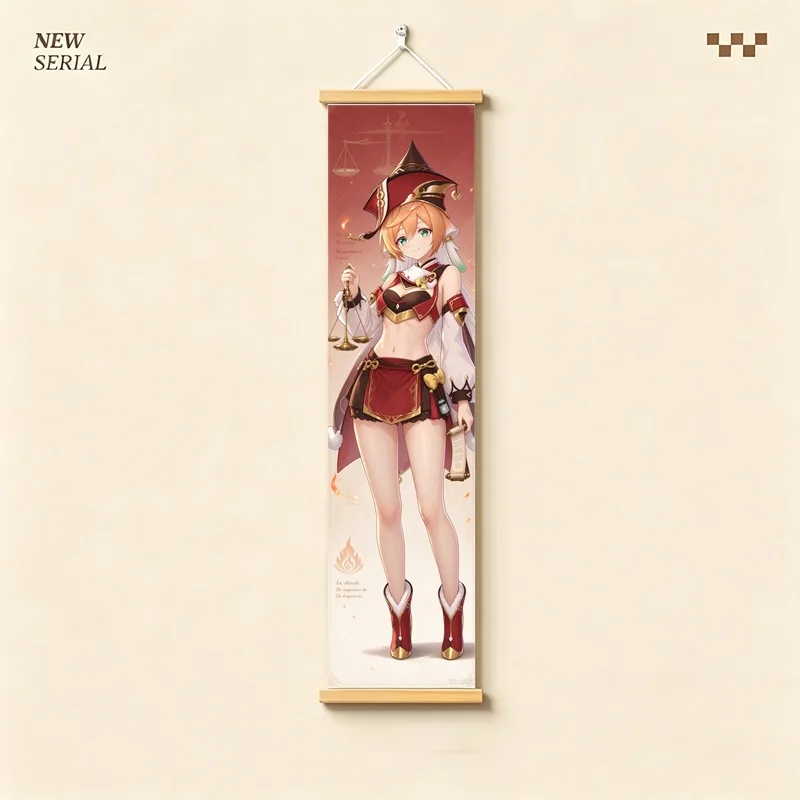 Hanging Scroll Wall Art of Genshin Impact Yanfei with Red and Gold Flames on Silver Shimmer Canvas for an Anime Bedroom