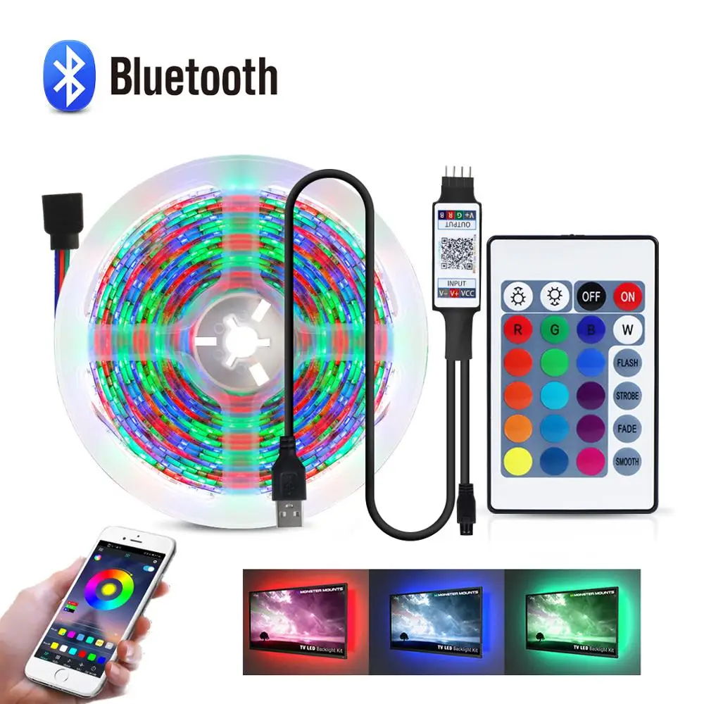 

5V USB Bluetooth RGB LED Flexible strip wireless control LED lighting colorful ribbon diode tape Lamp Xmas bedroom party decor