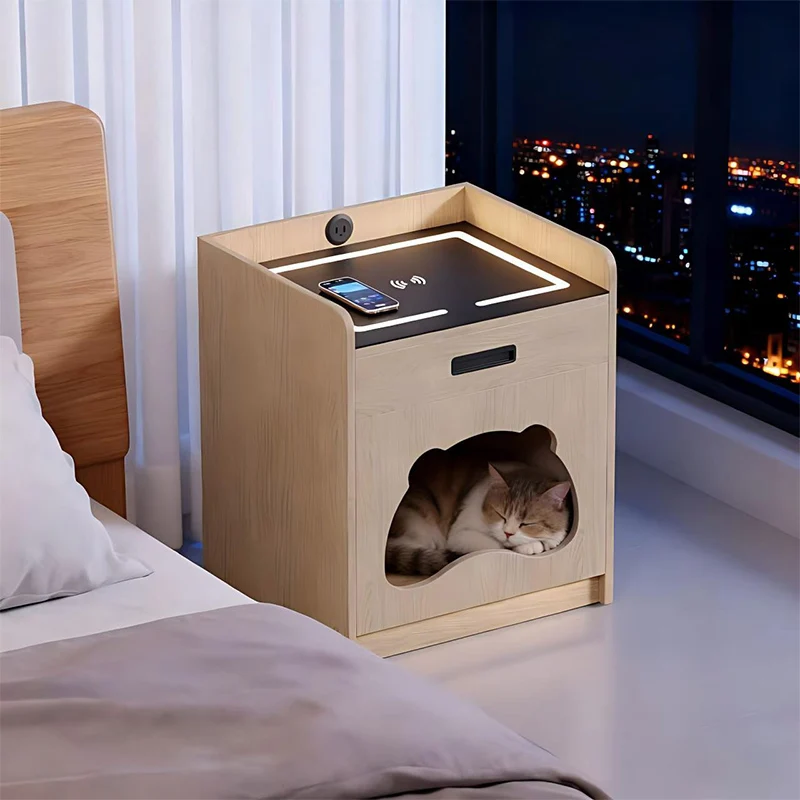 Modern Human Pet Shared Cat Bed Nightstand, Wooden Bedside Table with Cozy Cat Cave, Living Room Pet Furniture, Easy Clean
