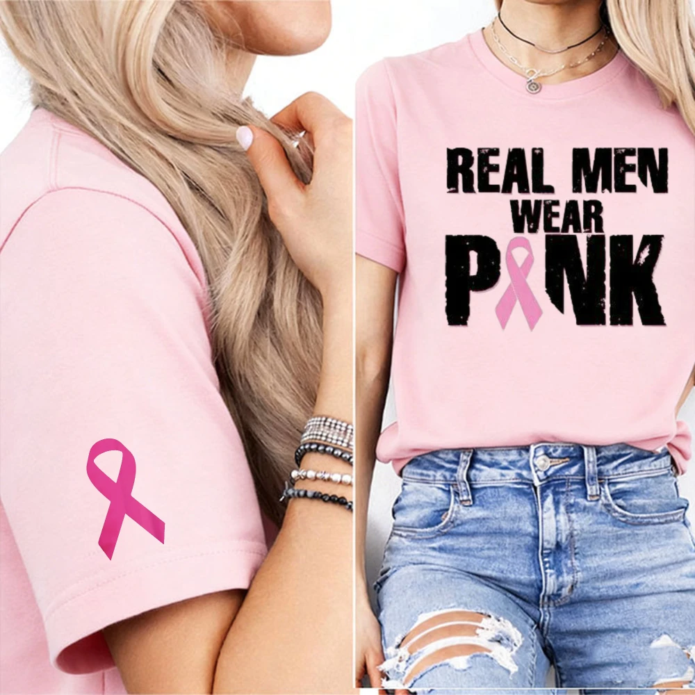 Real Men Wear Pink Letter Print Women T-Shirt Basic Pink Ribbon Cuff Graphic Breast Cancer Supporter Awareness Ladies Tee Tops