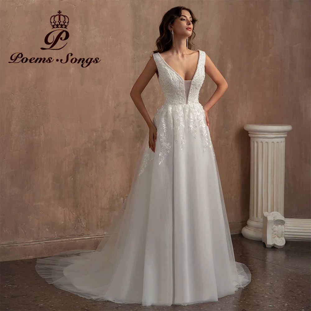 Vintage A Line Wedding Dresses for Women V Neckline Lace Robe De Mariee Sleeveless Vestidos De Novia Wedding Ceremony Dress