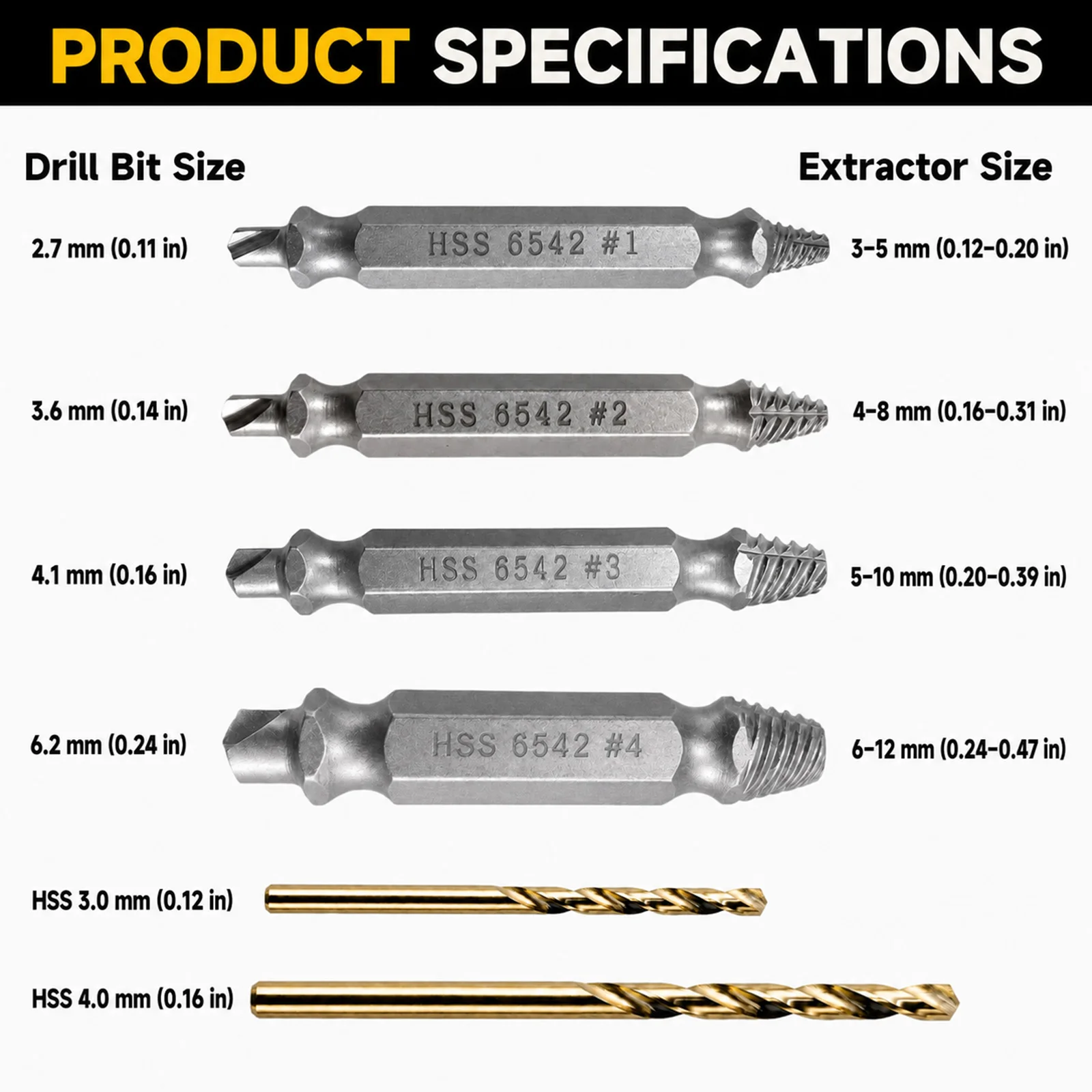 6PCS HSS 6542 Damaged Screw Extractor Set, Double-Ended Screw Remover Bits for Broken Stripped Rusted Screws