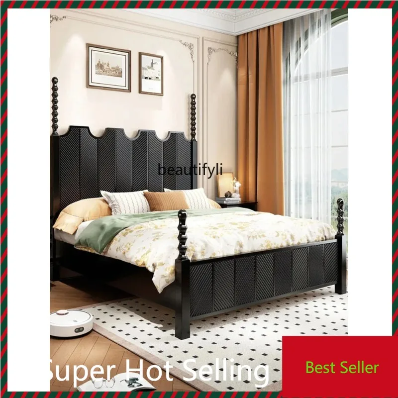 

QQ132 French Retro Chinese Style Solid Wood Bed Roman Column Double Master Bedroom American Light Luxury Carved Marriage Bed