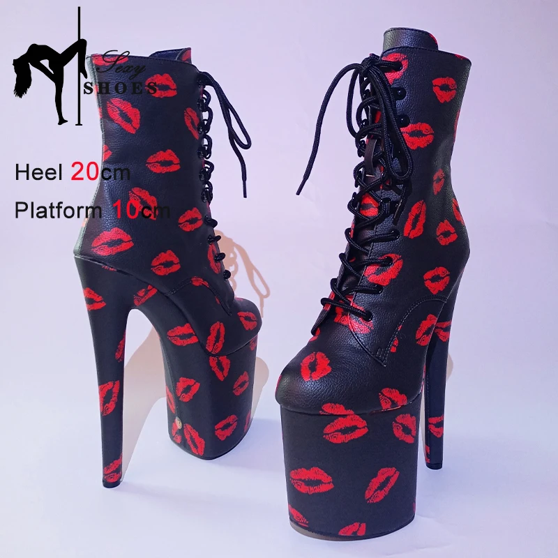 Ankle Boots For Women 20cm/8Inch Platform Pole Dance Heels Sexy Lipstick Print Round Toe Short Boots Thin Heels Stripper Shoes