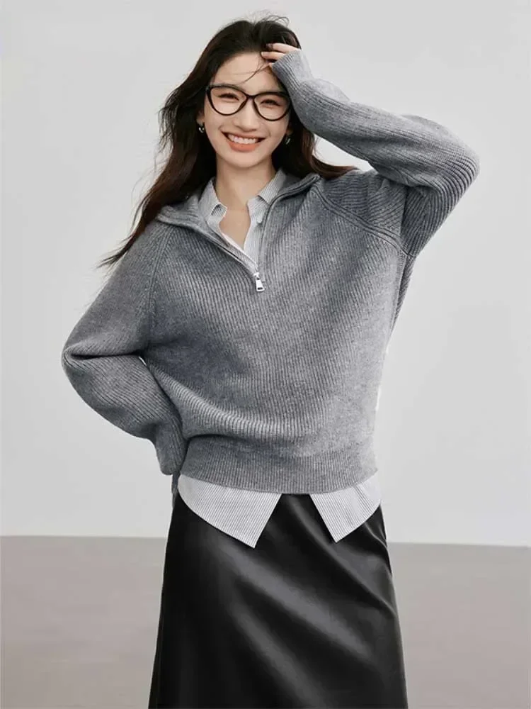 Casual Knitted Oversized Sweater Women Autumn 2024 New Loose Lapel Women\'s Pullovers Zippers Korean Fashion Jumper Knitwear