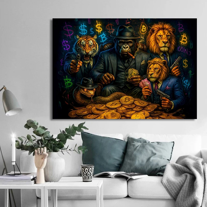 Gorilla Boss Smoking Tiger Lion Suit and Bitcoin Graffiti Poster Canvas Painting Print for Living Room Home Decor Cuadros