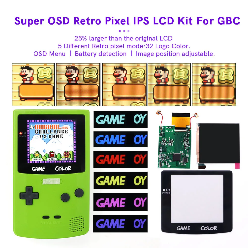 

32 Цвет логотипа GBC Q5 IPS LCD Kit Super OSD RETRO PIXEL IPS Большой комплект ЖК-ЭКРАНА Подсветка Яркость Сенсорный датчик для GBC
