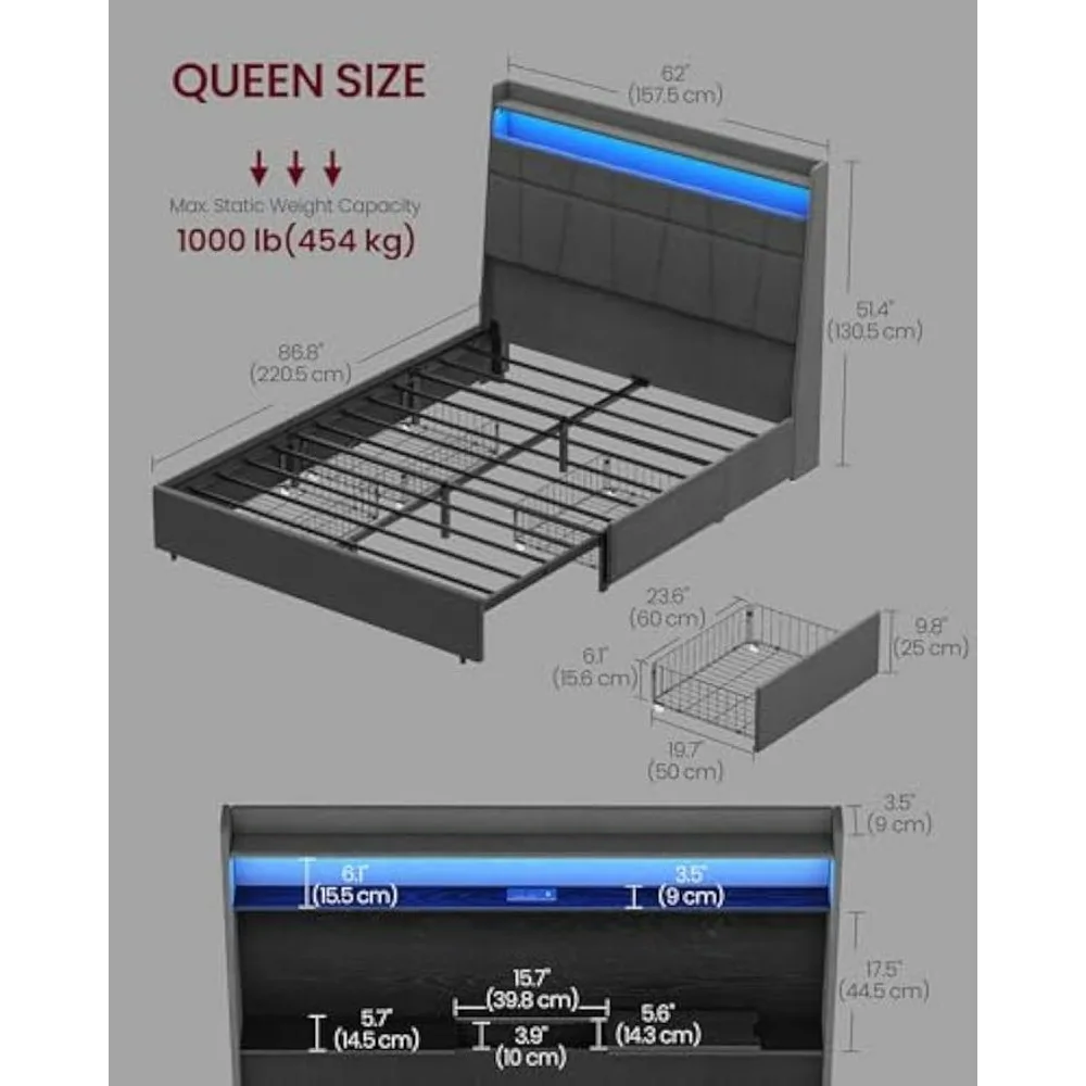 Queen Bed Frame with 51.4-Inch Tall Storage Headboard, Bed Frame Queen Size, with 4 Storage Drawers on Wheels, LED Lights