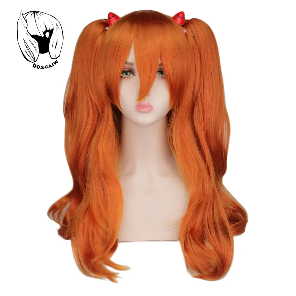 QQXCAIW  Cosplay Wigs Long Orange With 2 Ponytail Clips Heat Resistant Synthetic Hair Wig