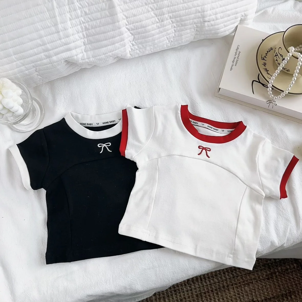

2026 Summer New Girls Short Sleeve Bow Embroidery T Shirts Cotton Children O-neck Slim Fit Short Tops Solid Toddler Clothes