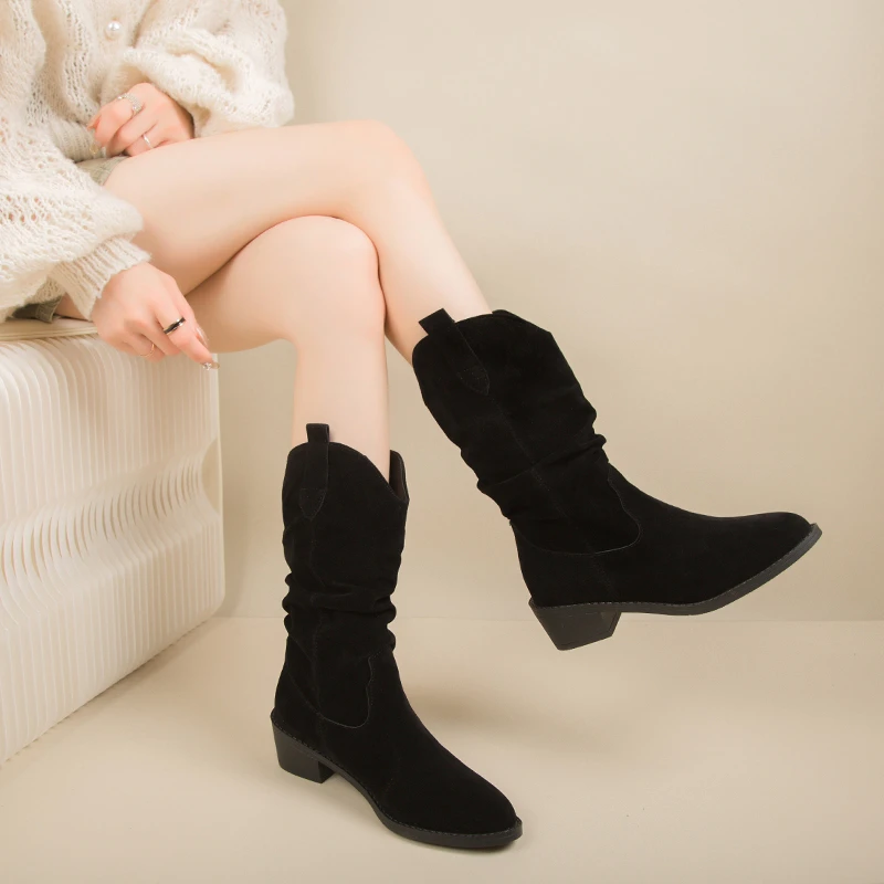 

Newest Fashion Retro Women Pleated Western Ankle Boots Winter Mid Heels Plus Size Casual Fall Shoes Faux Suede Female Low Boots