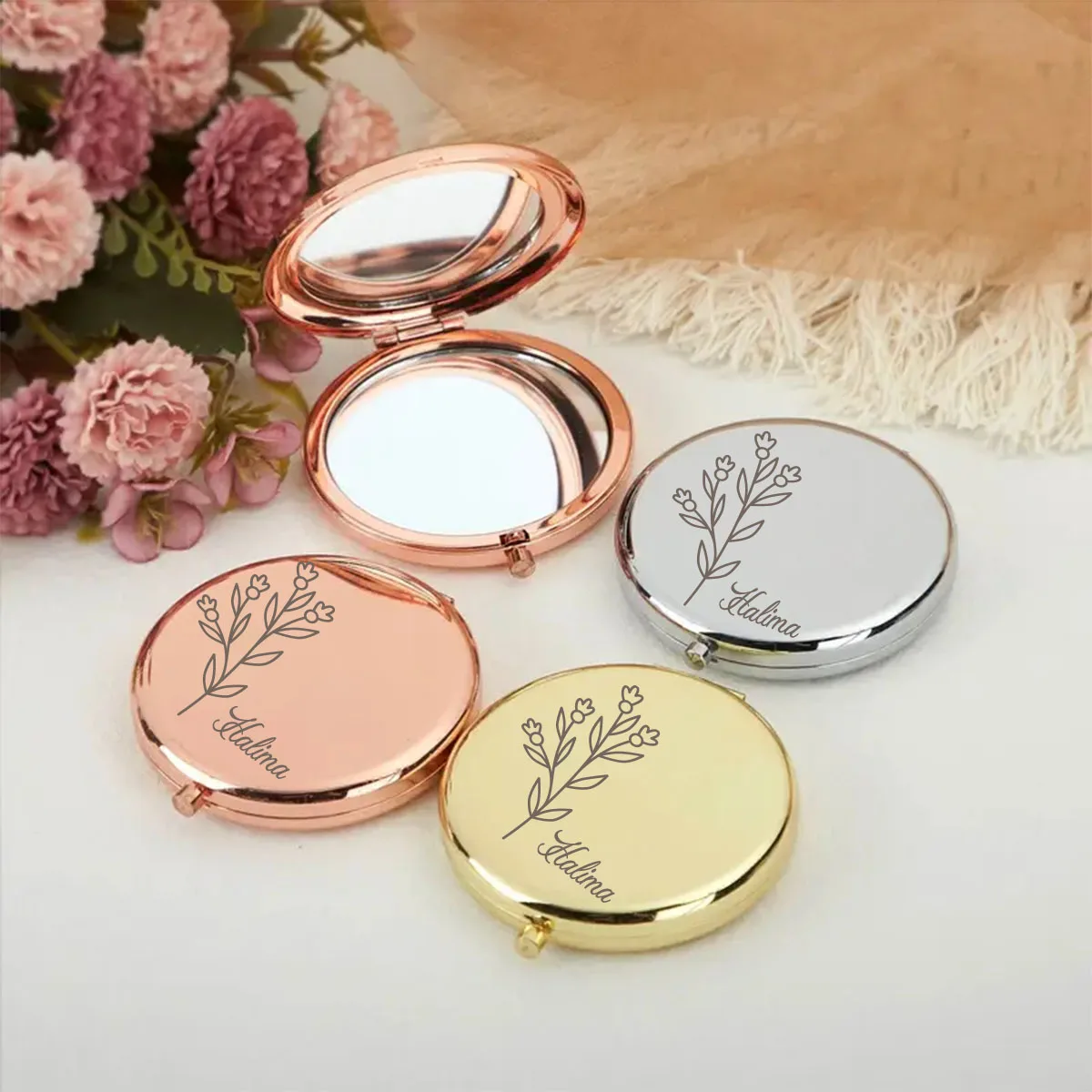 1pc Cartoon nice flower Custom Name Round Circle Mirror Folding Mirror Makeup Mirror Pocket Mirror Birthday Gift
