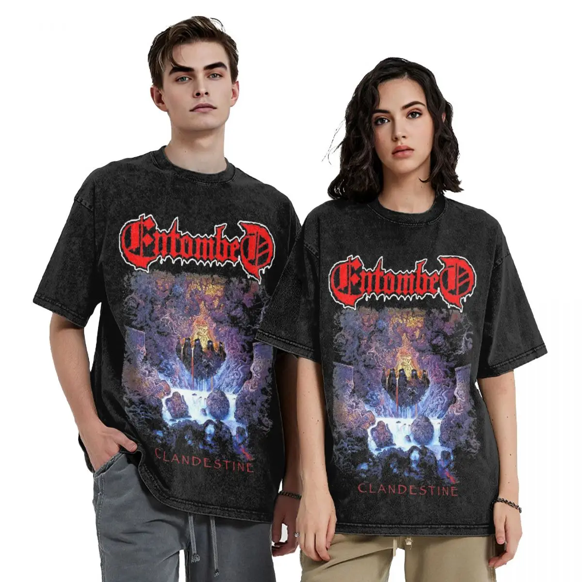 Printed Entombed Clandestine Shirt Outfit for Men Women Old School Swedish Death Metal Washed Tee Shirt Harajuku T-shirt