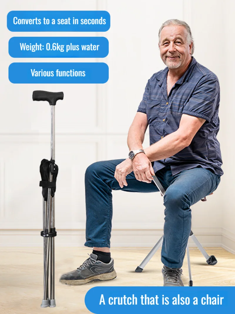 Silla de bastón plegable para exteriores, taburete para caminar para personas mayores, bastón ligero para montañismo, bastón plegable de aleación de aluminio con asiento