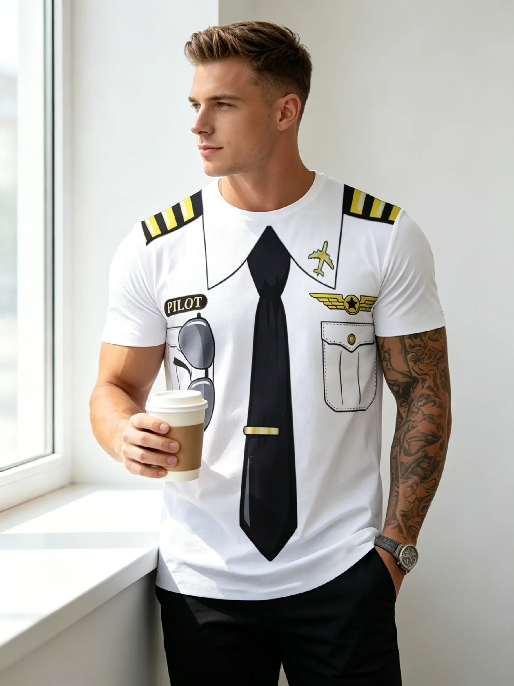 Men's Summer Aviator-Style Short-Sleeve T-Shirt – Fun Print, Casual & Unique – Suitable for Cosplay and Everyday Wear