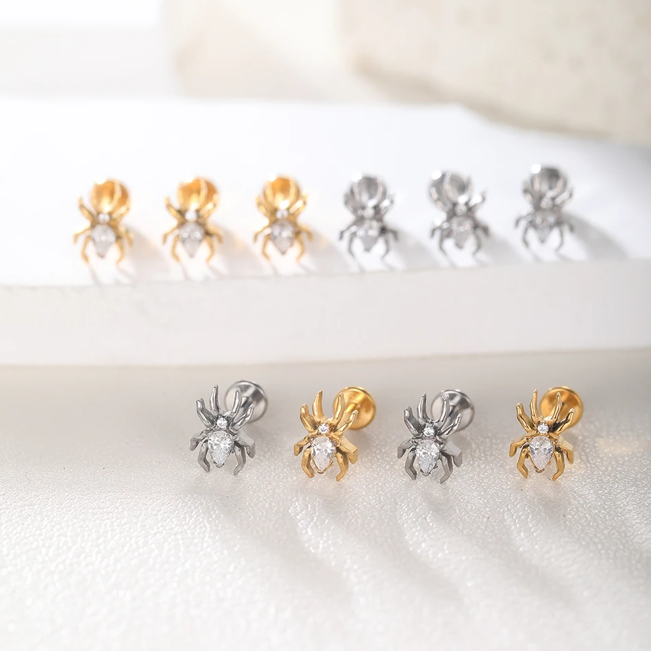 1/5PCS Titanium Spider EAR Studs PIERC CZ Paved Top Threaded Labret Tragus Earring Cartilage Helix Daith Stud Piercings Jewelry