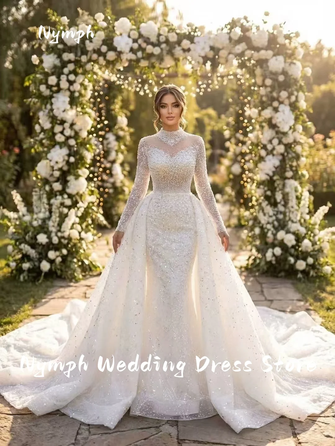 Customized 2026 Elegant Wedding Dresses Detachable Train Long Sleeves Beaded Lace Wedding Gowns Vestidos De Novia Bridal Gowns