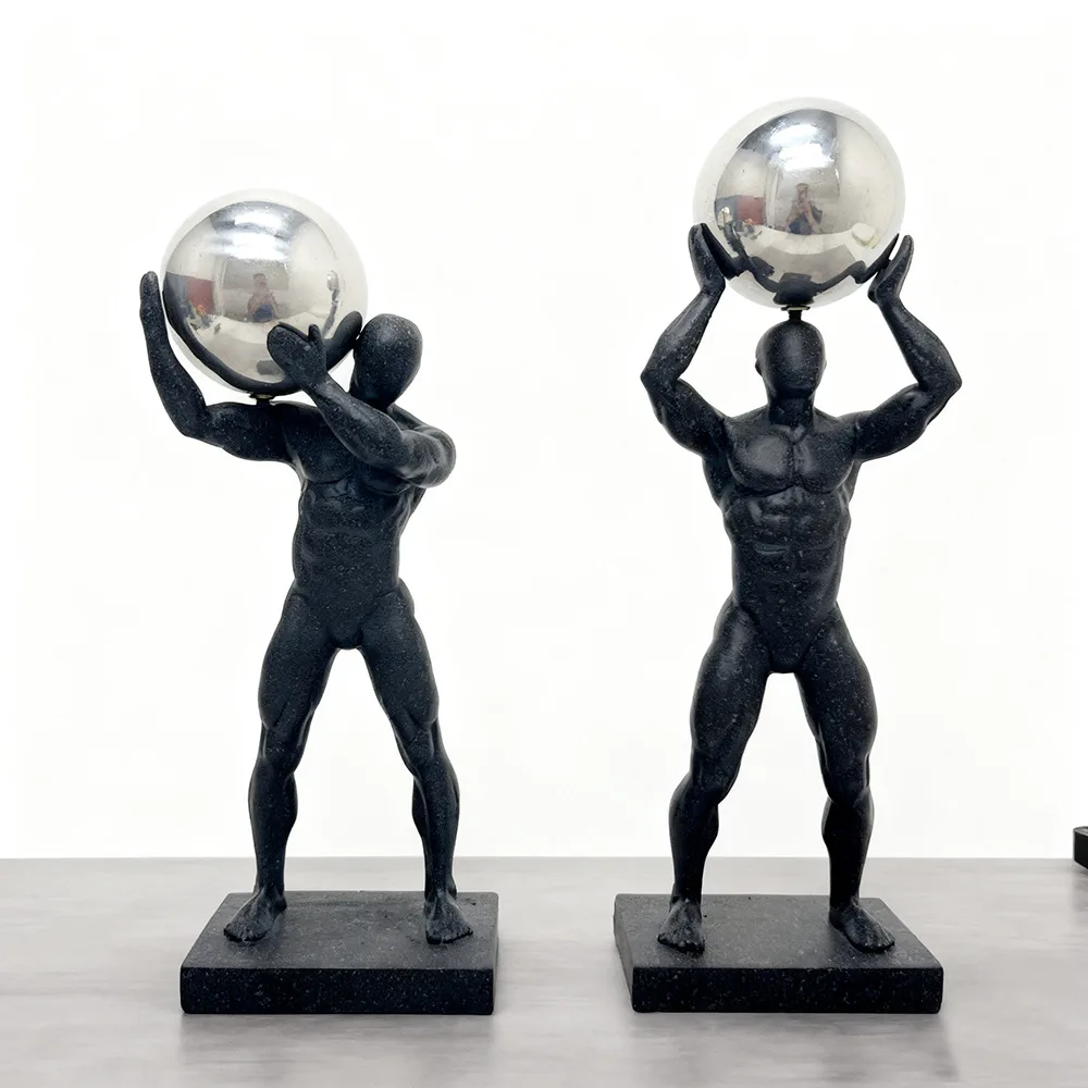 Atlas-Statue mit Silberkugel, Abstrakte Muskelmann-Figur aus Harz, Moderne Wohnraumdekoration, Schwarze Skulptur für das Büro