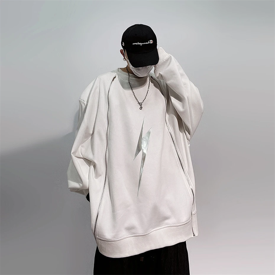 Hip Hop Oversize Hoodies Sweatshirts Men Vintage Reflective Graphic Pullover Streetwear Y2K Harajuku Zipper Design Sweatshirts