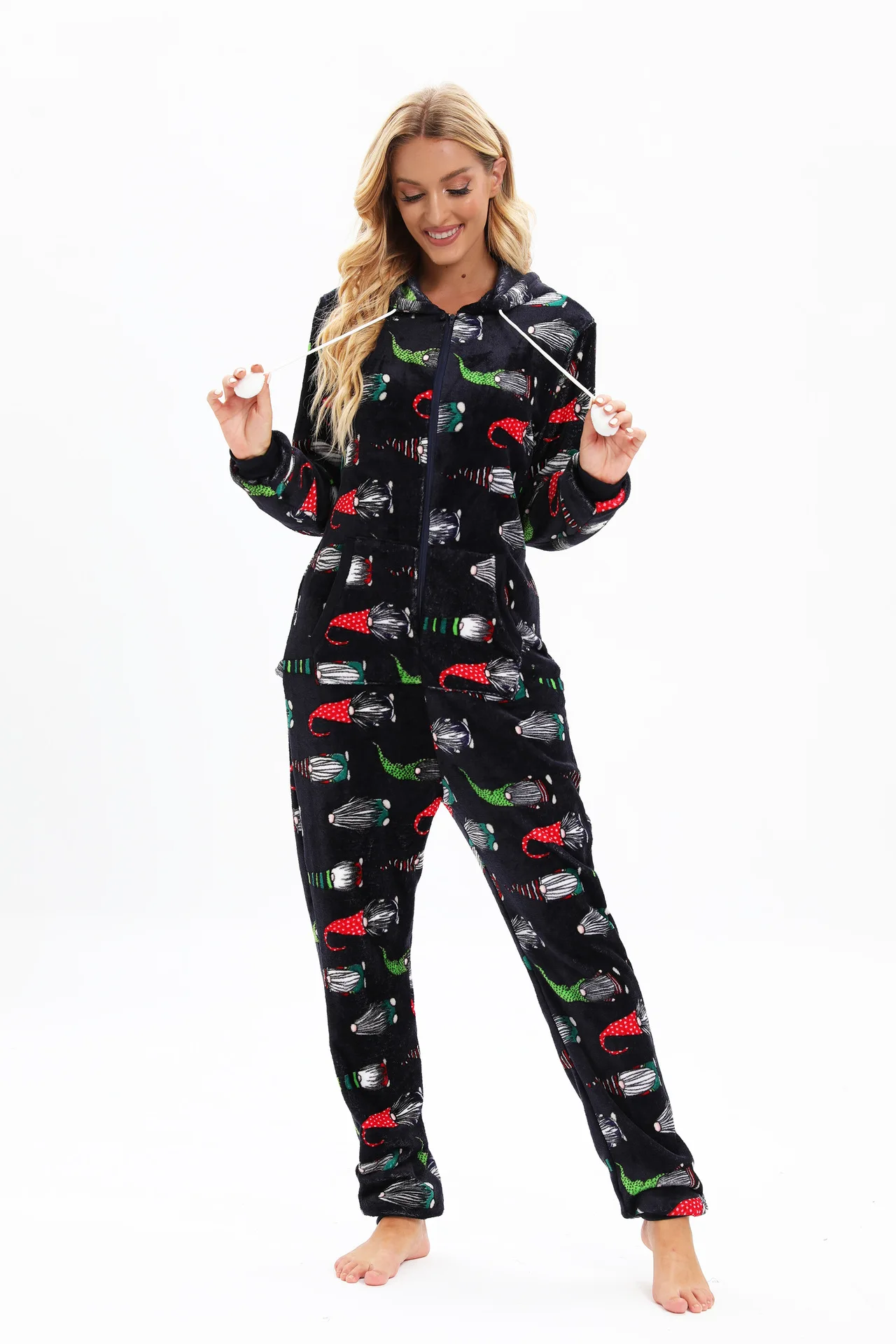 Adulto inverno quente pijamas cosplay macacão com capuz macacão de natal onesies feminino flanela preto impressão pijamas de uma peça