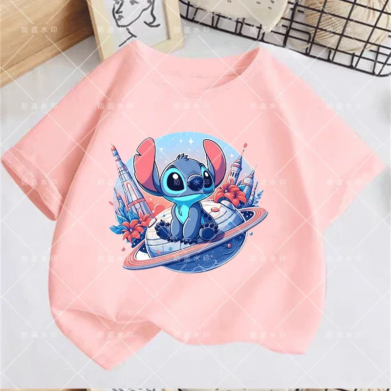 Disney Stitch Anime Summer Multiple Fashion Children's T-shirts Round Neck Casual Short Sleeve Print Pattern