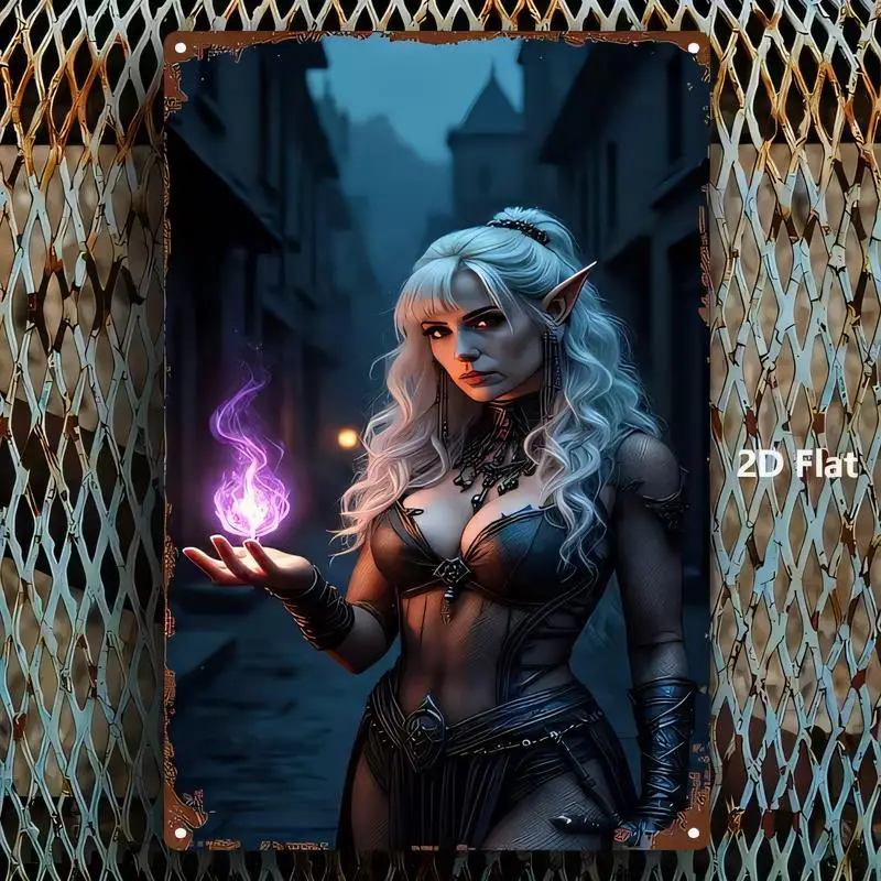 Dark Fantasy Elf Woman w/ Purple Magic Flame Vintage Metal Tin Painting - Iron Retro Wall Art, Night Alley Scene, Perfect for Ba