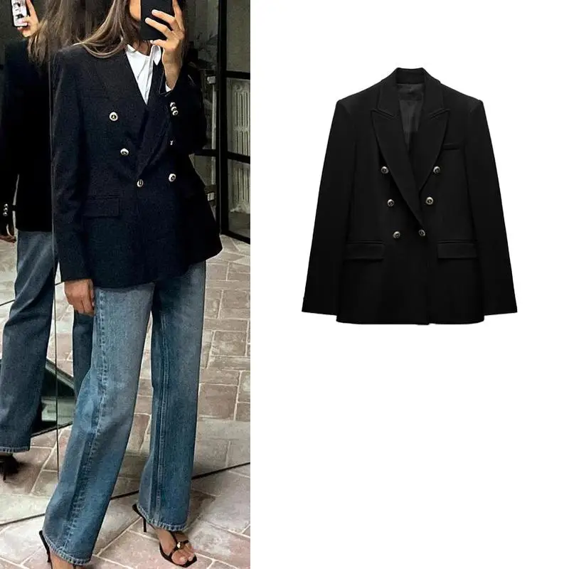 Spring New Women's Tailored Long Sleeve Casual Suit Jacket Double Button Commute Slim Fit Polyester Fiber Versatile Style