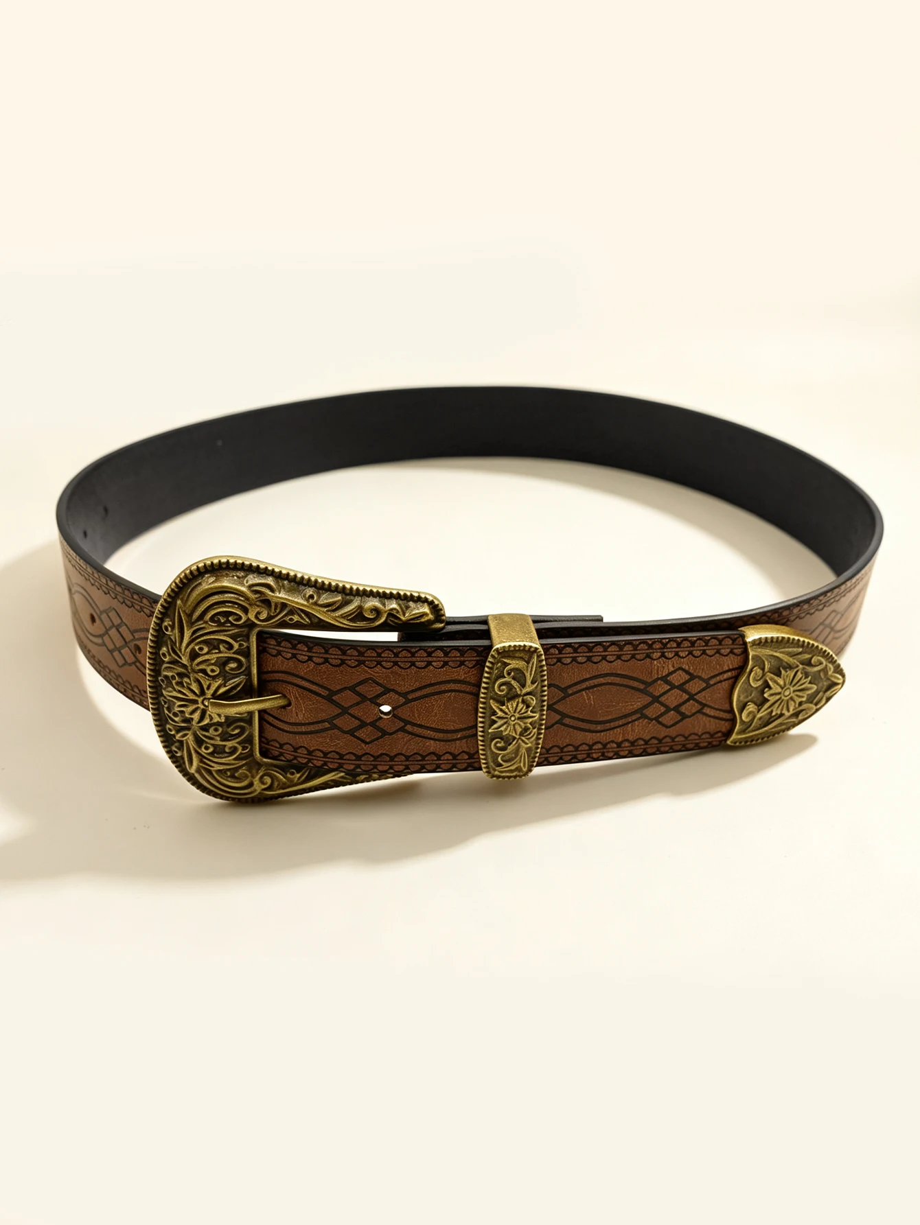 Vintage dark color carved women's belt with leaf print, versatile for autumn and winter casual wear, suitable for daily commuting decoration