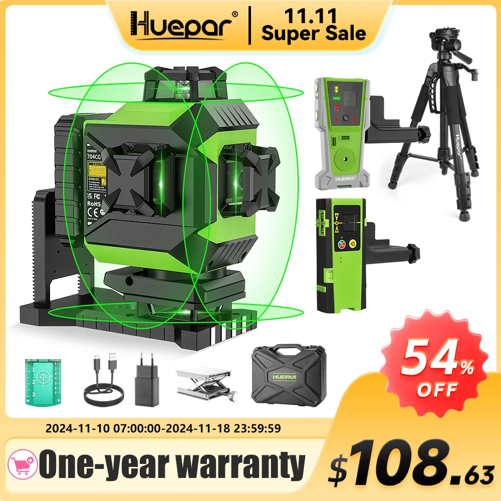 Huepar Osram Laser Level Self-leveling 4D Green Beam 360°Cross Line 16 Lines Tiling Floor Laser Tool Large Li-ion Battery 704CG