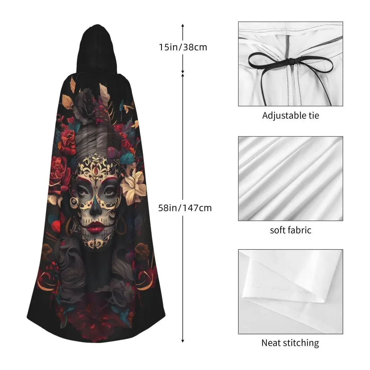 Mexican Catrina Girl Day Of The Dead Sugar Skull Long Hooded Cloak Witch Medieval Costume Cosplay Cape HalloweenVampire Unisex