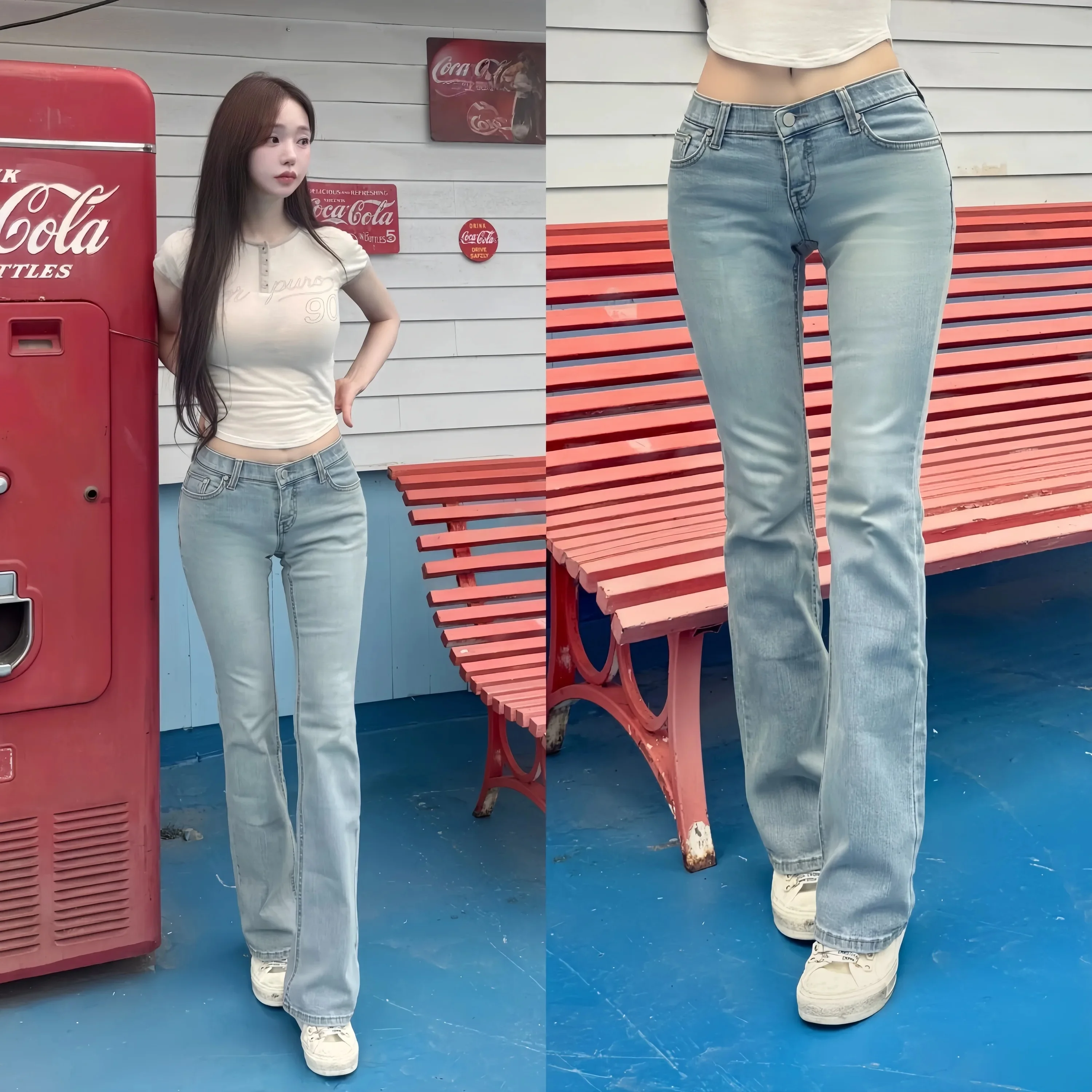Fashionable Light Blue Basic Denim Jeans Women's High Waist Flared Pants Comfortable Stretchy Korean Style Low Rise Jeans