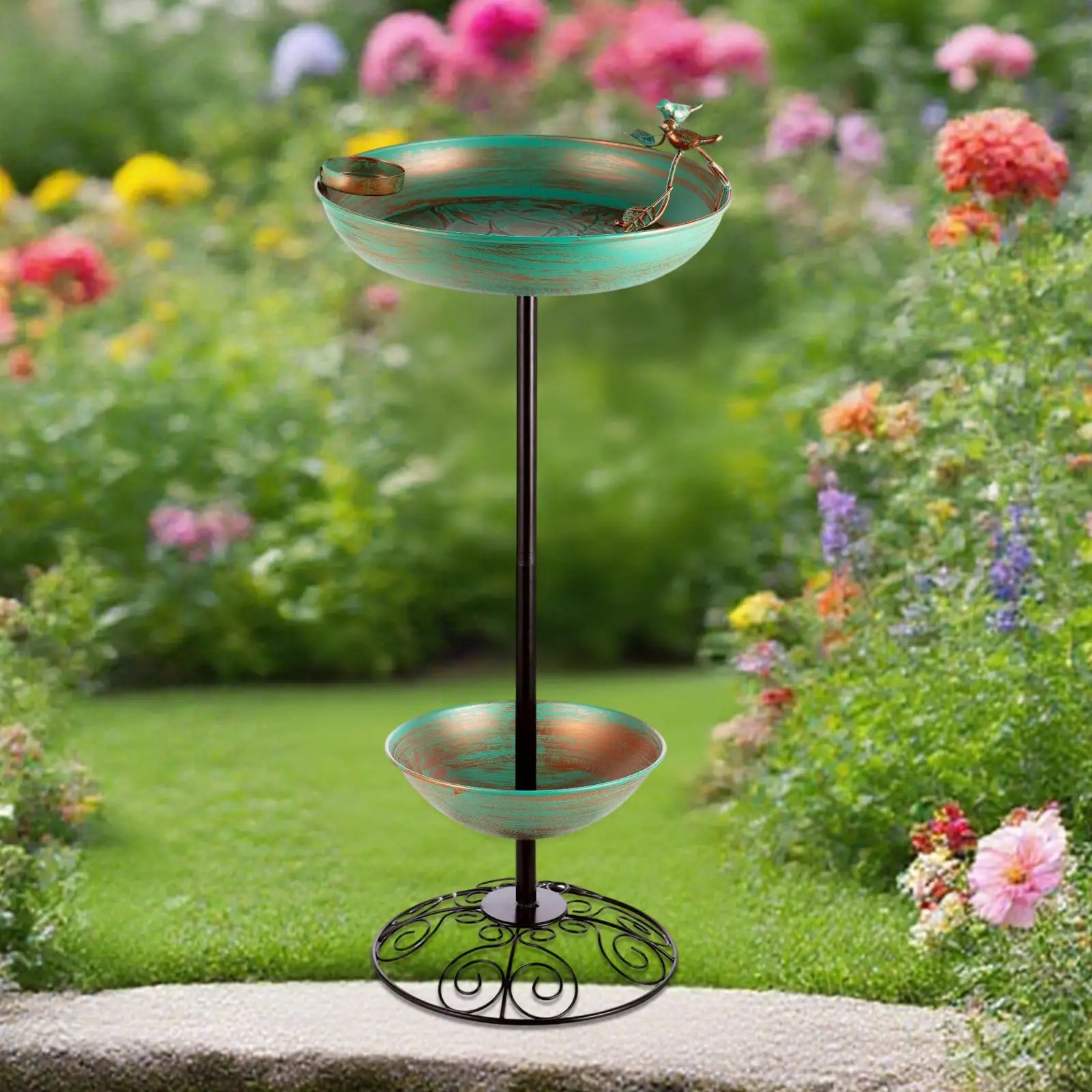 Garden Bird Bath Feeder Flat Base Versatile for Wild Bird Watchers Heavy Duty Strong Load Bearing Wrought Iron Bird Basin