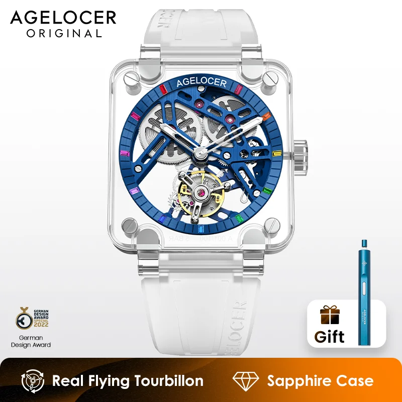 AGELOCER Original Tourbillon Watch Sapphire Crystal Case Men\'s Skeleton Manual Mechanical Watch Birthday Gift for Men