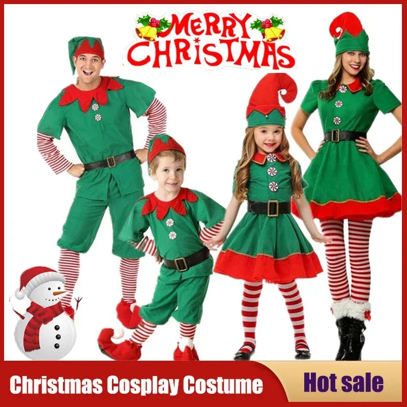Christmas Santa Claus Costume Adult Kids Family Green Elf Cosplay Outfits Carnival Party Year performance Xmas Dress Giftc;3.k'6
