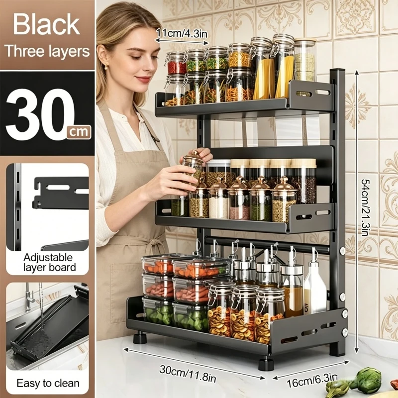 

3 Tier Adjustable Black Metal Spice Storage Rack Countertop Cabinet Kitchen Organizer Shelf for Home Kitchen Spice Storage Daily