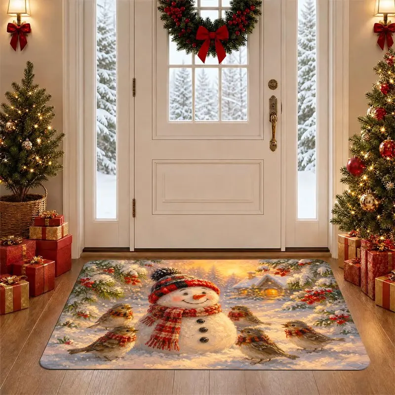 Tartan Plaid Poinsettia Merry Christmas Text White Wood Board Print Durable Washable Mat For Traditional Holiday House Porch Sty