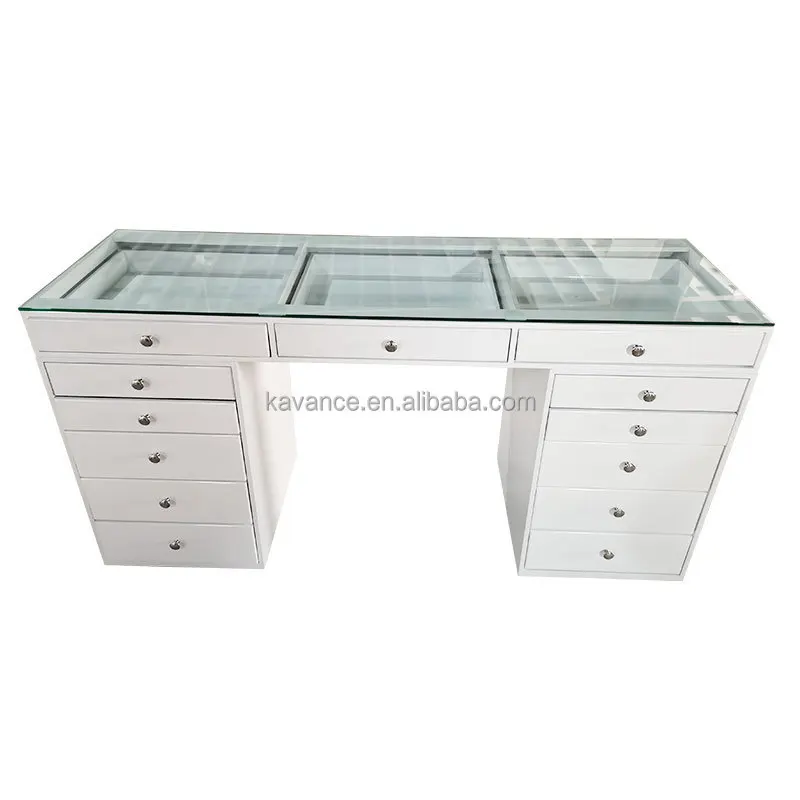 Nail Salon Equipment Set Furniture White Glass Nail Tech Tables With Nail Display